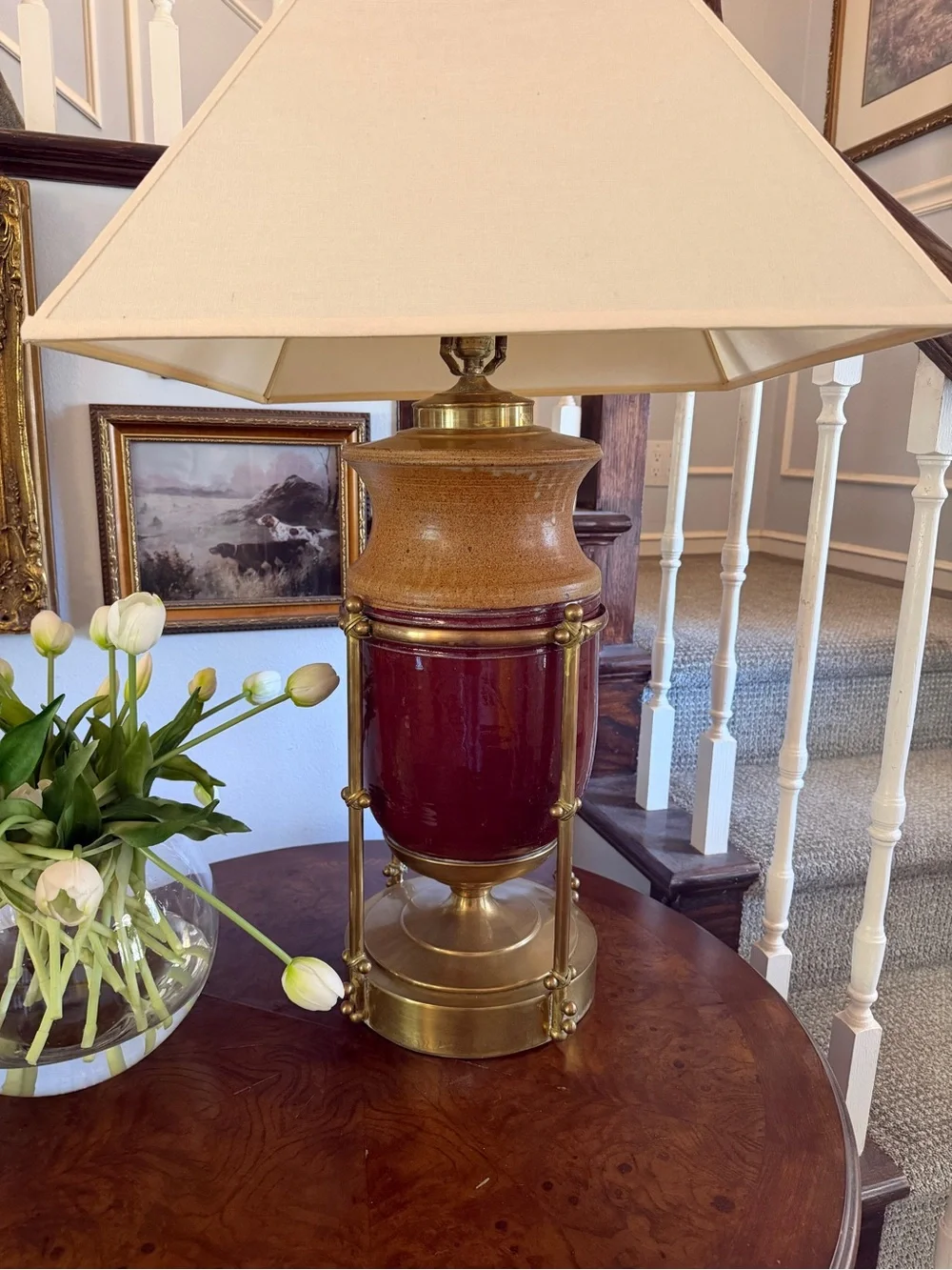 Vintage Mid Century Ceramic Brass Accent Table Lamp in Red and Tan by - Picture 2 of 12